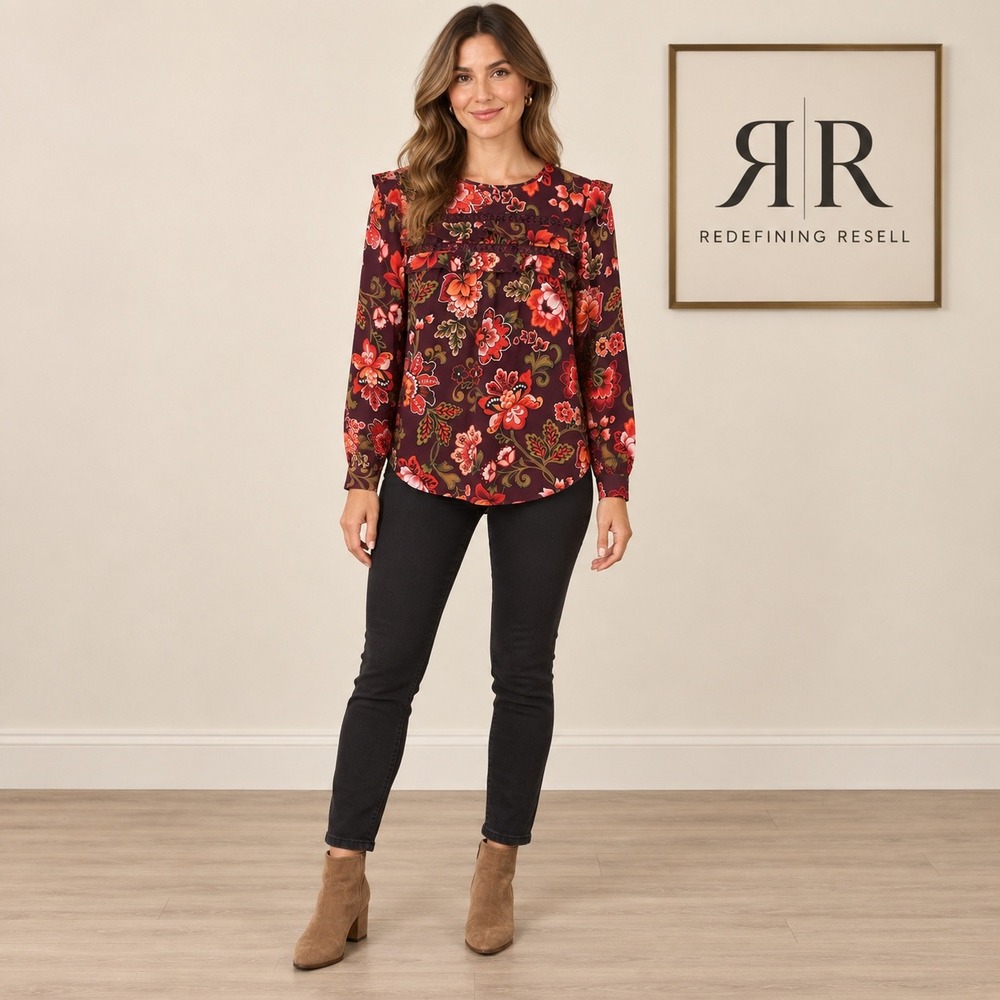 Loft Womens Small Floral Ruffle Blouse Burgundy Orange Long Sleeve Crochet Trim